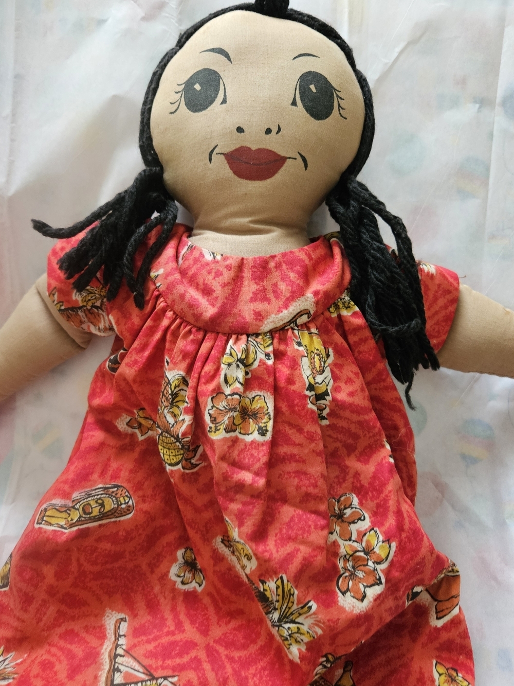 Vintage Lanakila Crafts Hulu Doll Hawaiian Rare Red Floral Dress Black Yarn Hair
